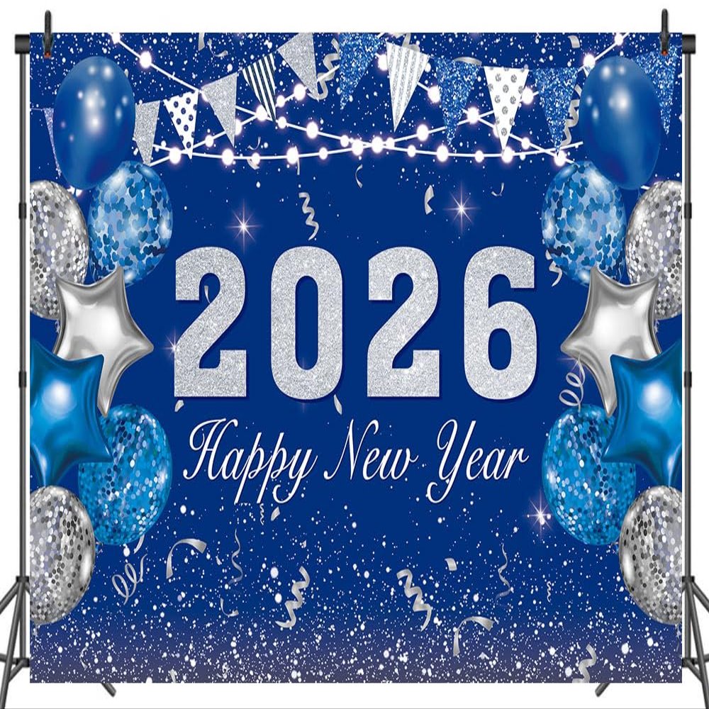LTDKAEN 2026 Happy New Year Backdrop New Year Photography Party Banner Blue and Silver Balloon New Years Eve Photo Props(86FT)