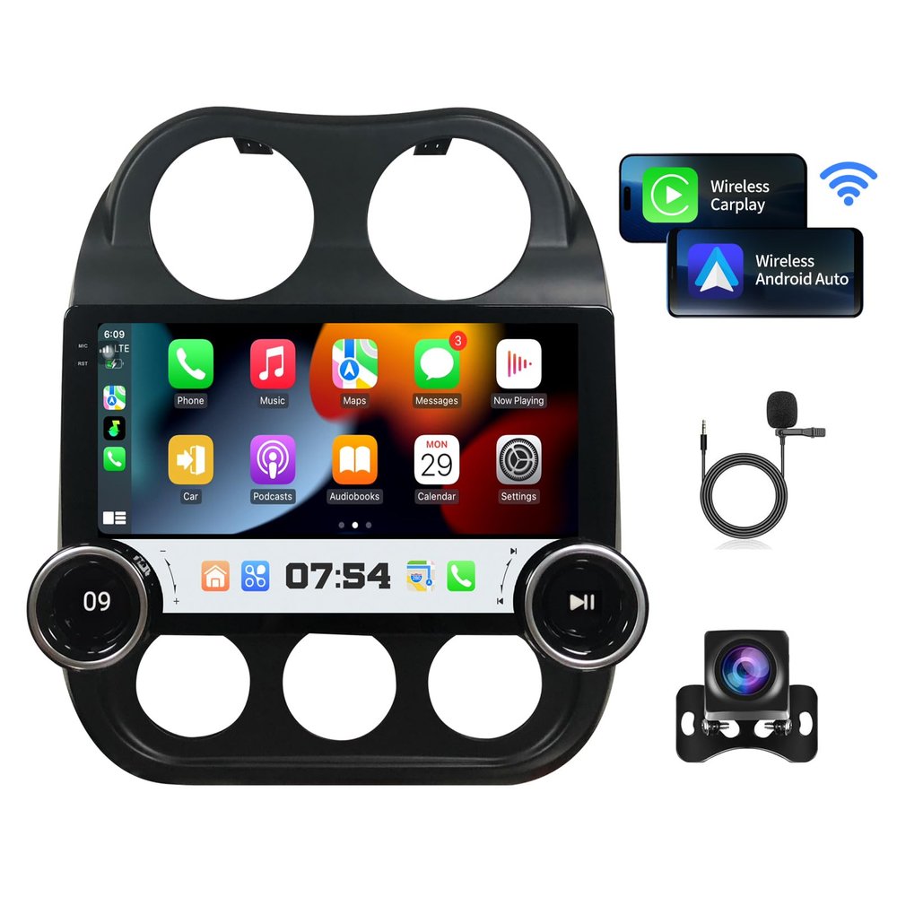 [2G+64G] Car Radio for Jeep Compass Patriot 2010-2016 Dual Knob Stereo with Wireless CarPlay/Android Auto 10.1 inch Touch Screen Head Unit Android 13.0 with BT/WiFi/DSP/GPS/SWC/RDS/FM/Backup Camera