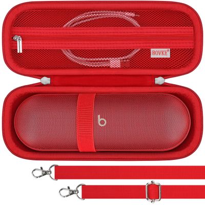 BOVKE Carrying Case for Beats Pill - Portable Bluetooth Speaker, New Beats Pill Wireless Speaker Travel Holder Bag with Extra Mesh Pocket for Charging Cables, Accessories, Red+Red