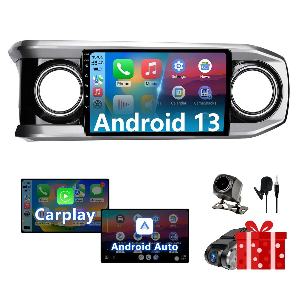Android 13 Car Stereo Head Unit Compatible with Toyota Tacoma 2016-2023, Touch Screen Car Radio with Wireless CarPlay&Android Auto, GPS/FM/WiFi/Bluetooth, 1080P Reverse Camera, SWC (Silver, 10 Inch)