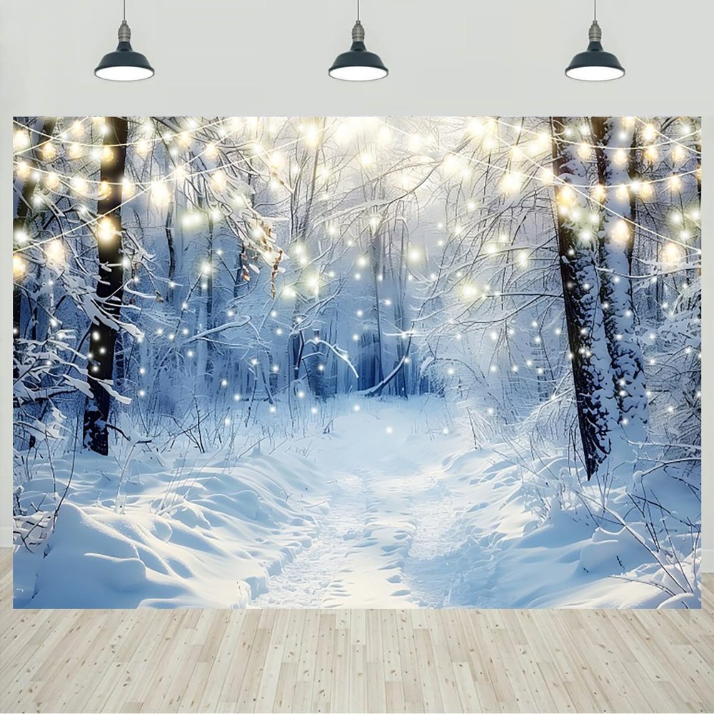10x8ft Winter Forest Backdrop Wonderland Snow Scenery Glitter Dots Snowflake Photography Background Kids Adults Family Portraits Home Decorations Banner Photo Studio Props