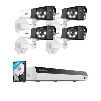 REOLINK 4K PoE Security Camera System, IP Outdoor Cameras 4X Duo 2 PoE with 1x RLN8-410 White (Built-in 2TB HDD) Video Recorder