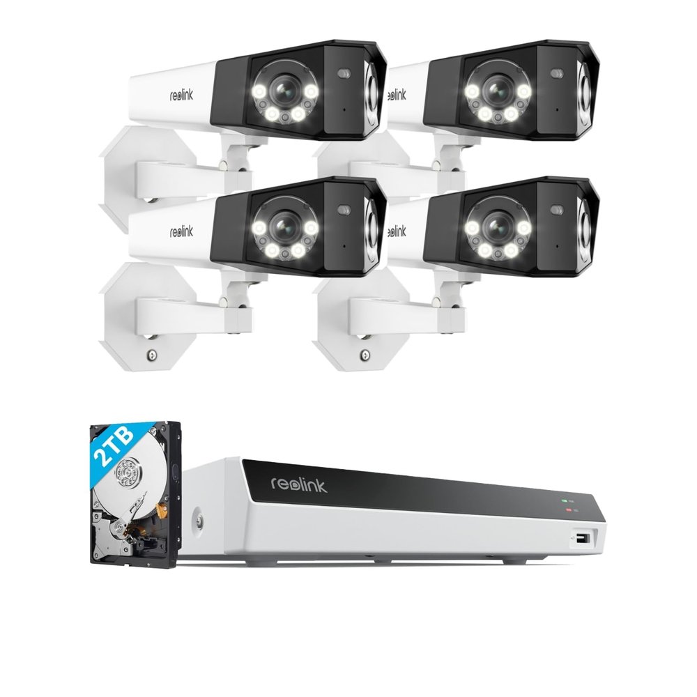 REOLINK 4K PoE Security Camera System, IP Outdoor Cameras 4X Duo 2 PoE with 1x RLN8-410 White (Built-in 2TB HDD) Video Recorder
