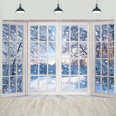 10x8ft Winter Window Backdrop Wintry Snow Scenery Forest White Trees Snowflake Photography Background Kids Adults Family Portraits Home Decorations Banner Photo Studio Props