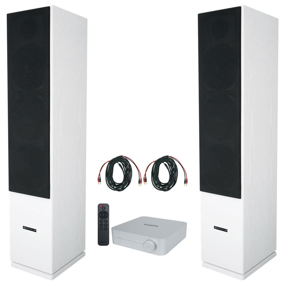 Rockville Bundle: High-Res WiFi Streaming Home Audio Amplifier Receiver Bundle with (2) RockShelf 64W Bookshelf Speakers BN20 20' Pro Cable (4 Items)