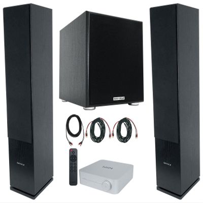 Rockville Bundle: High-Res WiFi Streaming Silver Home Audio Amplifier Receiver Bundle with (2) RockTower 64B Tower Speaker, Powered Sub, (2) BN20 20' Cable, 25' Ft Cable (7 Items)