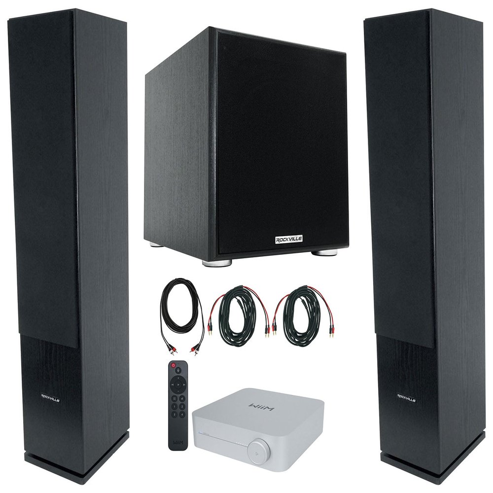 Rockville Bundle: High-Res WiFi Streaming Silver Home Audio Amplifier Receiver Bundle with (2) RockTower 64B Tower Speaker, Powered Sub, (2) BN20 20' Cable, 25' Ft Cable (7 Items)