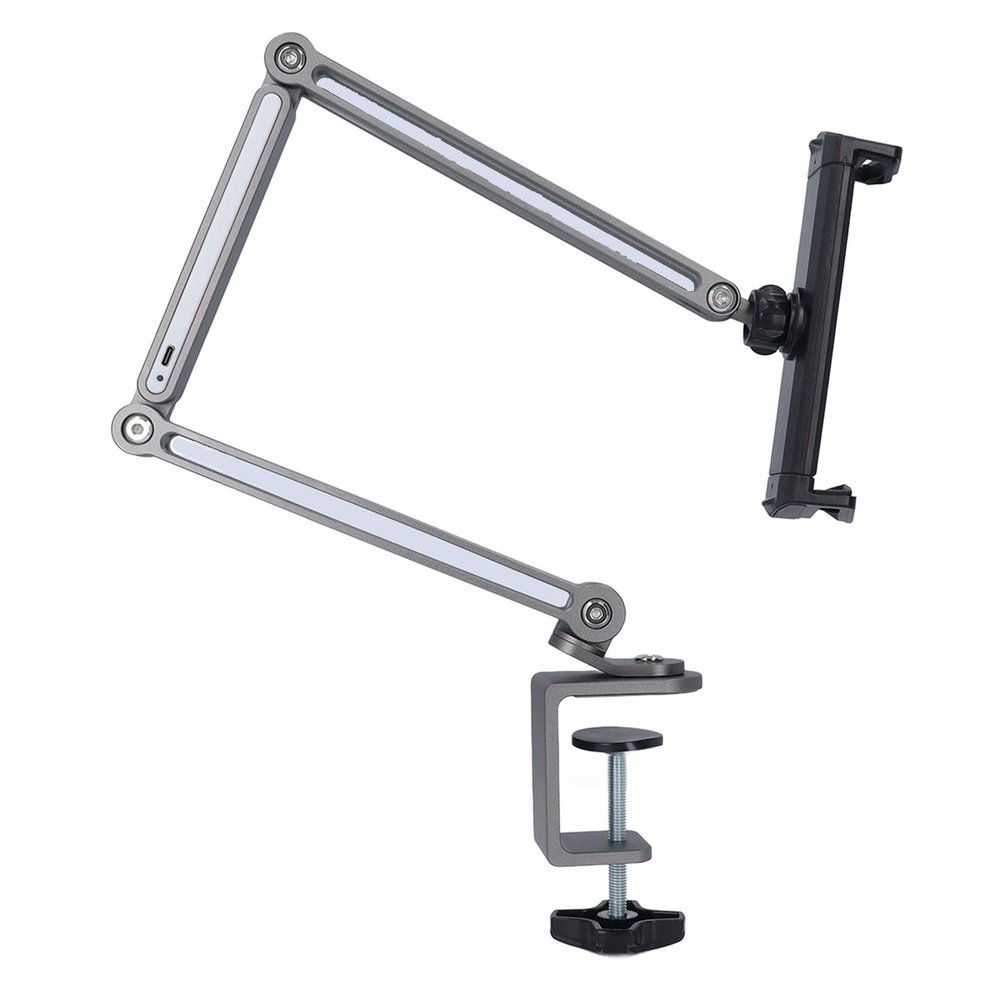GOWENIC Metal Bed Phone Holder with Clamp, Foldable Desk Long Arm Phone Mount with 360 Degree Rotation and Adjustable Light for Phone Tablet (Silver)