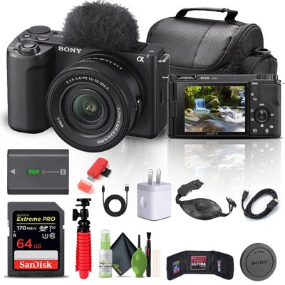 Sony Alpha ZV-E10 II Mirrorless Camera with 16-50mm Lens (Black) (ZVE10M2KB) + 64GB Memory Card + Bag + Card Reader + HDMI Cable + Flex Tripod + Hand Strap + Memory Wallet + Cleaning Kit