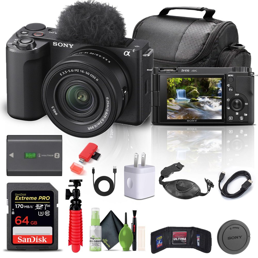 Sony Alpha ZV-E10 II Mirrorless Camera with 16-50mm Lens (Black) (ZVE10M2KB) + 64GB Memory Card + Bag + Card Reader + HDMI Cable + Flex Tripod + Hand Strap + Memory Wallet + Cleaning Kit