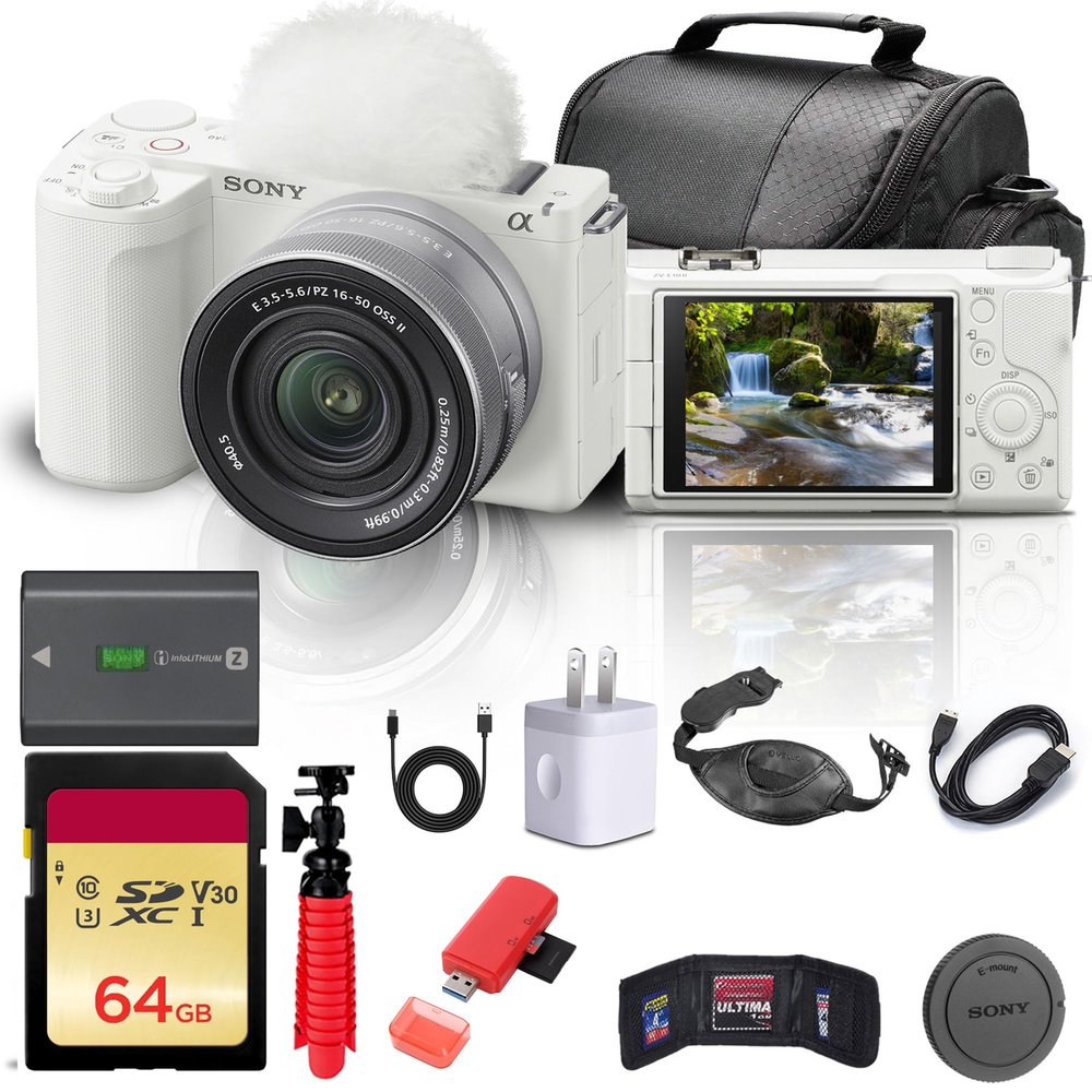 Sony Alpha ZV-E10 II Mirrorless Camera with 16-50mm Lens (White) (ZVE10M2KW) + 64GB Memory Card + Bag + Card Reader + HDMI Cable + Flex Tripod + Hand Strap + Memory Wallet + Cleaning Kit