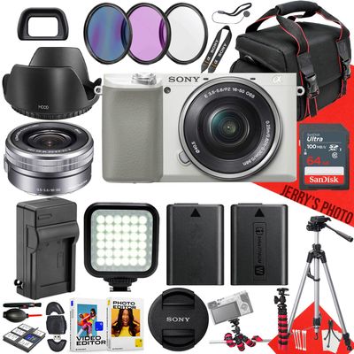 Sony a6100 Mirrorless Camera (White) with Sony E PZ 16-50mm F/3.5-5.6 OSS Lens + 64 GB Memory + Spider Tripod + LED Light + Camera Case + Tripod + Extra Battery + More (27pc Bundle) (Renewed)