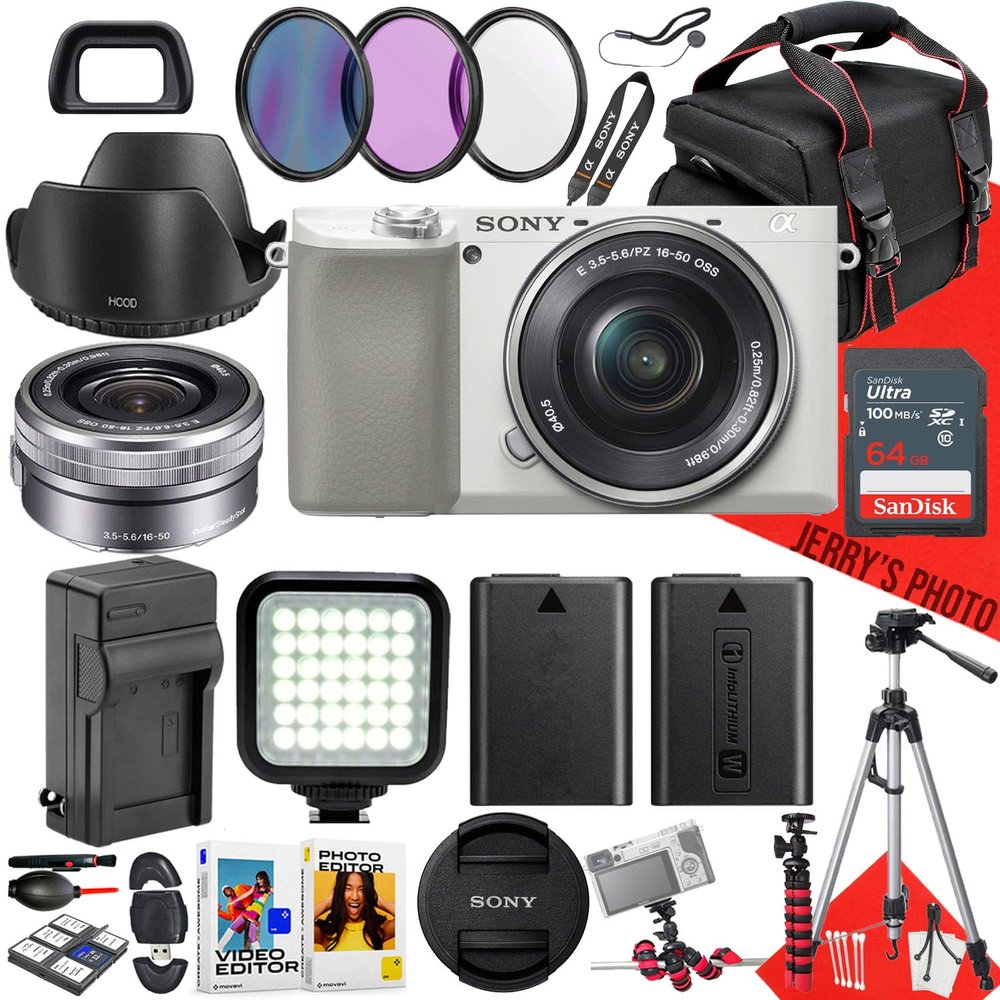 Sony a6100 Mirrorless Camera (White) with Sony E PZ 16-50mm F/3.5-5.6 OSS Lens + 64 GB Memory + Spider Tripod + LED Light + Camera Case + Tripod + Extra Battery + More (27pc Bundle) (Renewed)