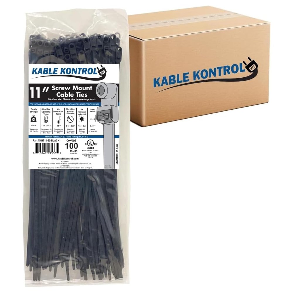 Kable Kontrol Zip Ties with Screw Hole, 11 Inch 6,500 Pcs Black, 50 Lbs. Tensile Strength, Bulk Pack, Self-Locking, Multipurpose Mounting head Cable Ties for Indoor & Outdoor Use