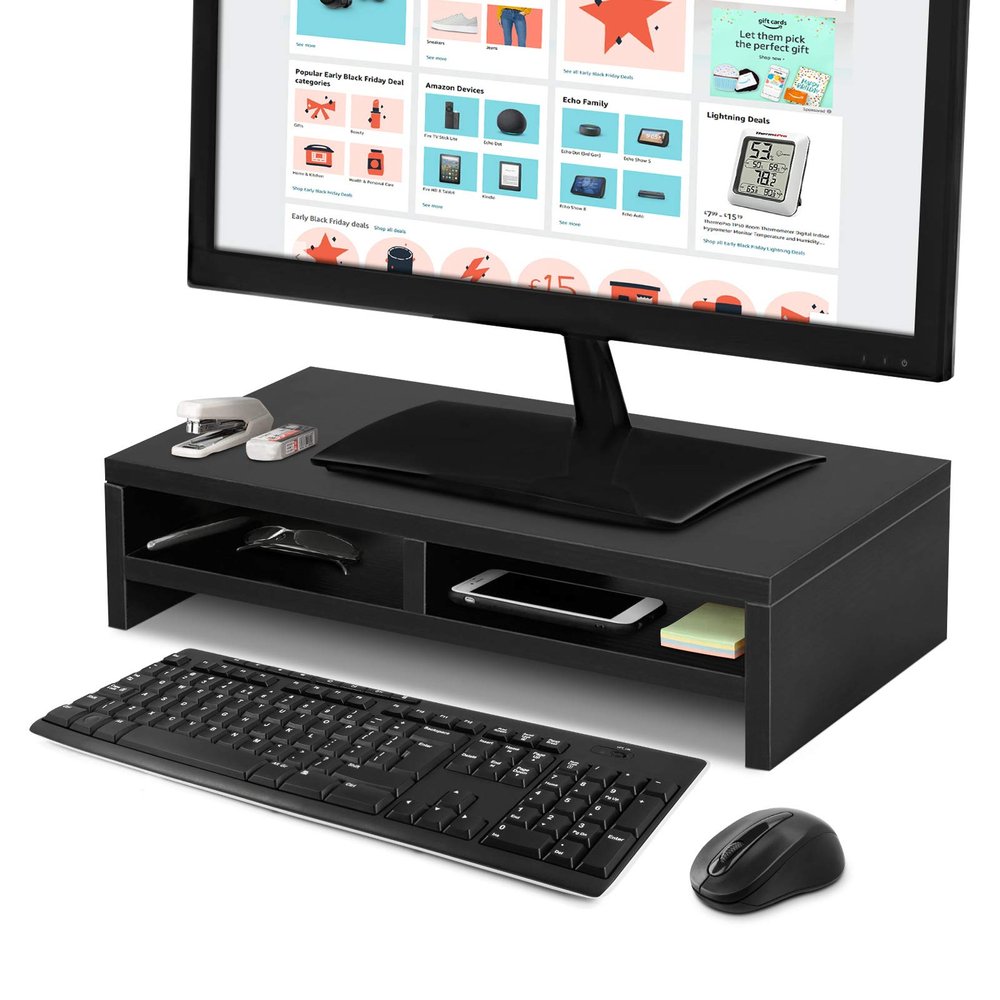 Monitor Stand Riser Modern 2 Tiers Wood Monitor Stand Widen Monitor Stand TV PC Laptop Computer Screen Riser Desktop Organiser Large Load Capacity with Storage Shelf W500 x D200mm x H117mm (Black)