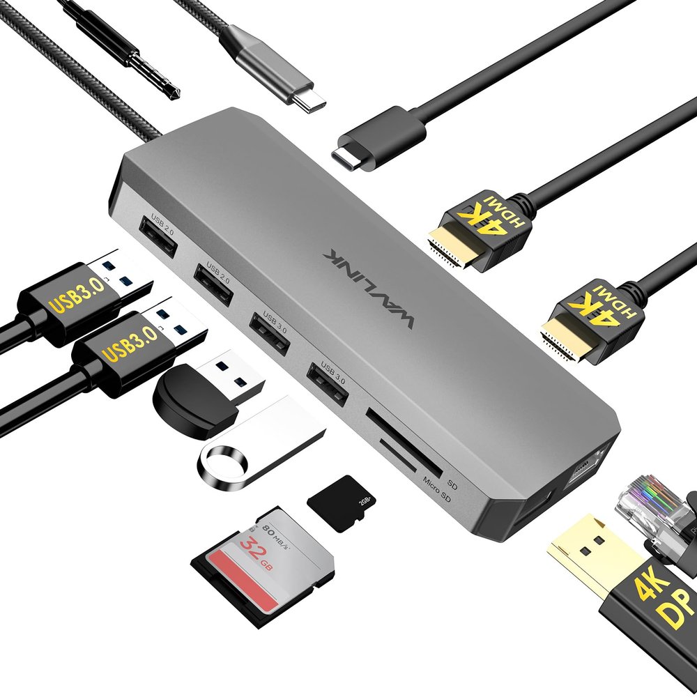 WAVLINK USB C Docking Station Dual Monitor, USB-C Hub Laptop Triple Display with 2 HDMI,DisplayPort, 100W PD Charging, Ethernet, 5 USB, SD/TF Read, Audio for MacBook Dell HP Lenovo Surface, Grey