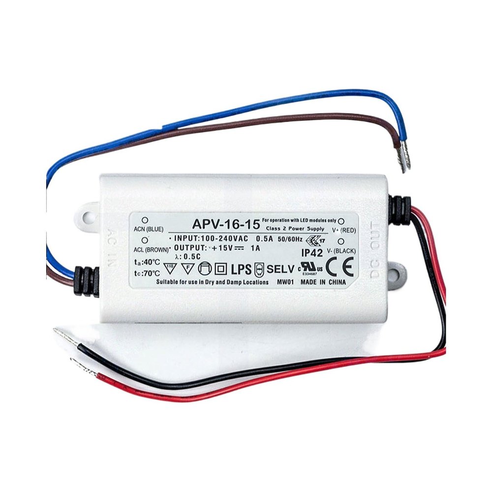 APV-16-15 15V 1A 15W Compact Class 2 Power Supply for LED Lighting and Electrical Devices