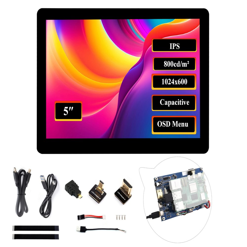 5inch HDMI Touch Screen 1024x600, Capacitive Touch IPS Display, Compatible with Raspberry Pi 5/4B/3B+/3B/Zero 2W/Zero W/Zero/Pico/Pico W, Win 11/10/8.1/8/7 /Jetson Nano (Wide-Bezel Capacitive Touch)