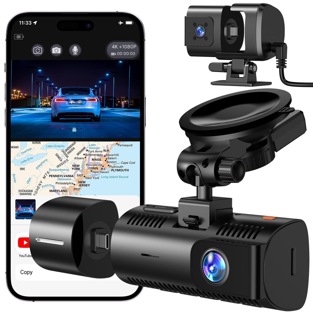 4K Dash Cam Front and Rear/Inside, Car Mount Dash Camera with 5G Wi-Fi, GPS, 3" IPS Screen, 64GB SD Card Included, Night Vision, G-Sensor, 24H Parking Mode, Loop Recording, APP Control, Black
