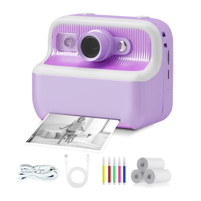 Instant Print Camera for Kids, 1080 HD Dual-Lens Digital Camera with 3 Rolls Print Paper, Kids Camera Instant Print with Color Pens for DIY, Portable Toy for Girls Boys 3-12 Years Old, Purple