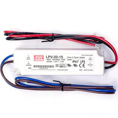 TorqCali LPV-20-15 20W Single Output LED Driver Power Supply 15V 1.33A Constant Voltage, Fully Enclosed Plastic Case, IP67 Waterproof for LED Related Fixture or Advertisement Device, Class II