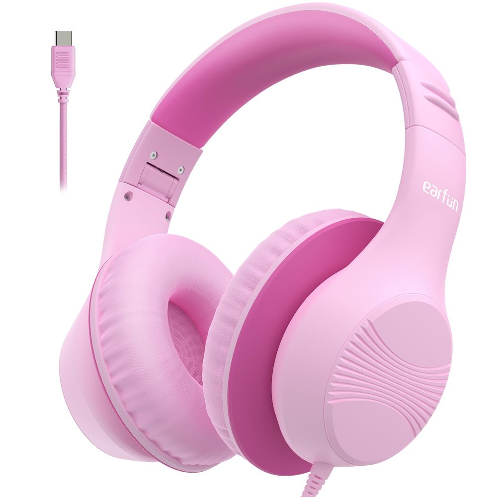 EarFun K3 Kids Headphones, USB Type C Over Ear Headphones for Kids, Volume Limit, HD Stereo Sound, Comfortable Fit, Foldable Wired Headphone for School/Travel/Boys/Girls/Tablet/iPad, Pink