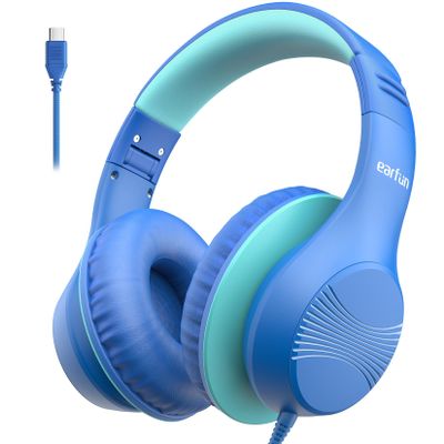 EarFun K3 Kids Headphones, USB Type C Over Ear Headphones for Kids, Volume Limit, HD Stereo Sound, Comfortable Fit, Foldable Wired Headphone for School/Travel/Boys/Girls/Tablet/iPad, Blue