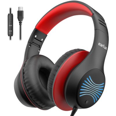 EarFun K3 Kids Headphones, USB Type C Over Ear Headphones with Microphones, 85/94dB Volume Limit, HD Stereo Sound with LED Light, Foldable Wired Headphones for School/Boys/Girls/Tablet, Black