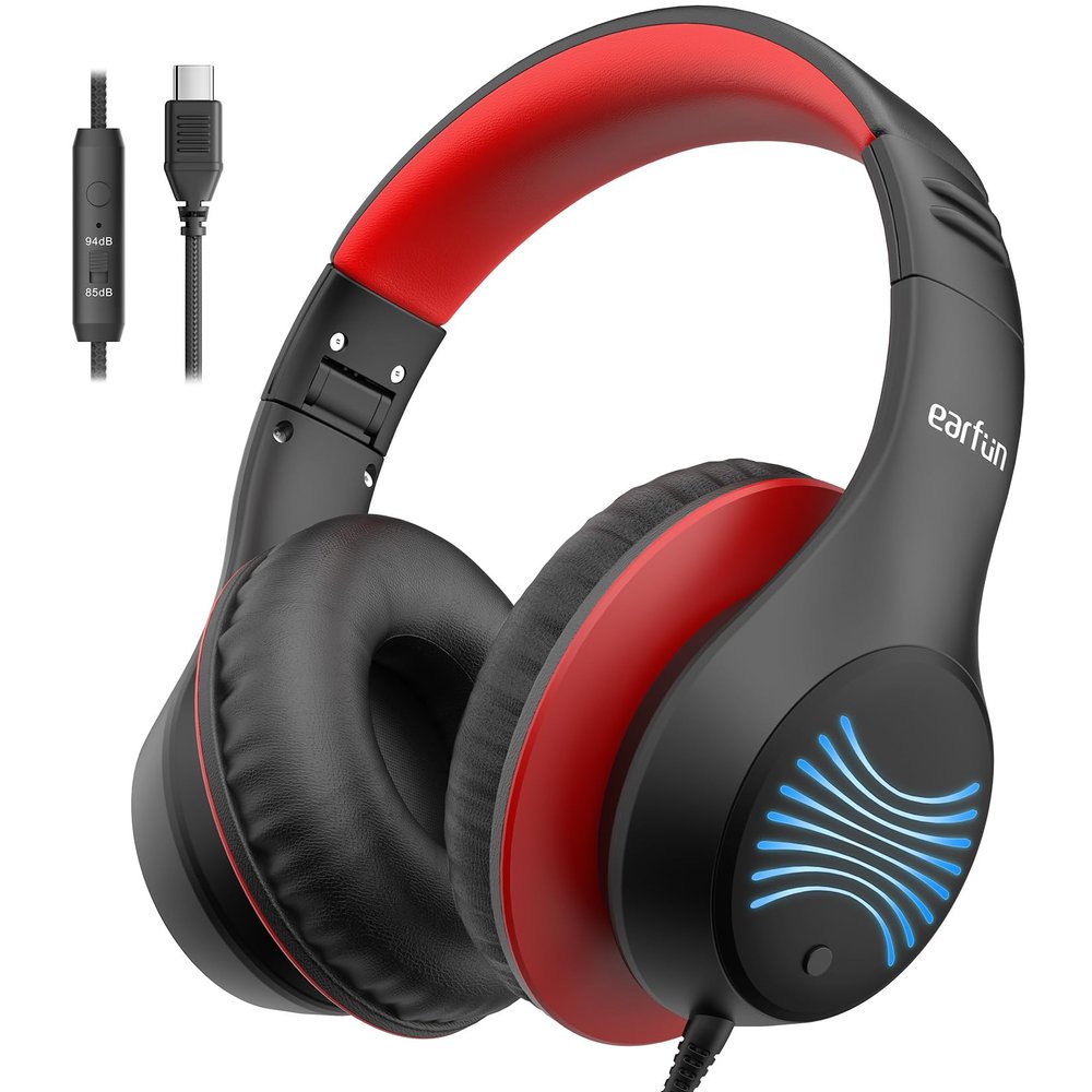 EarFun K3 Kids Headphones, USB Type C Over Ear Headphones with Microphones, 85/94dB Volume Limit, HD Stereo Sound with LED Light, Foldable Wired Headphones for School/Boys/Girls/Tablet, Black