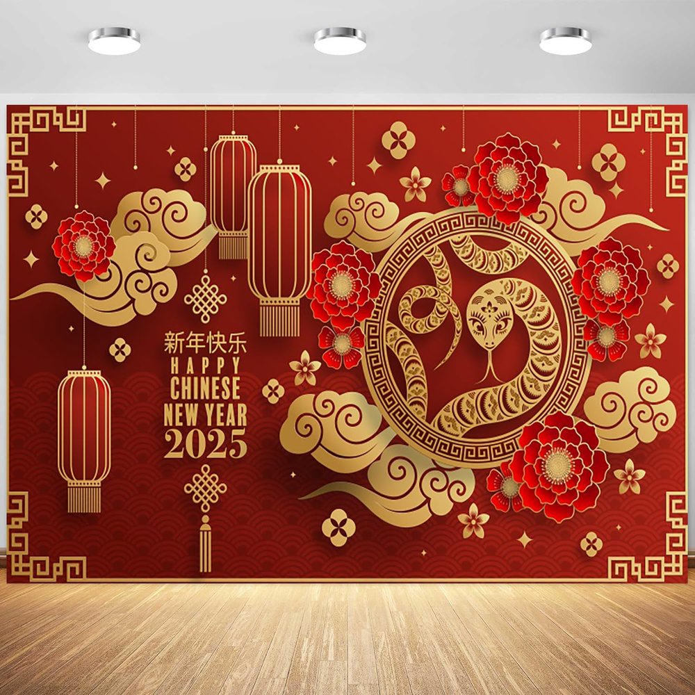 12x8ft Happy Chinese New Year Backdrop 2025 Year of The Snake Photography Background Chinese Spring Festival Lunar New Year Party Decorations Supplies Photo Studio Props