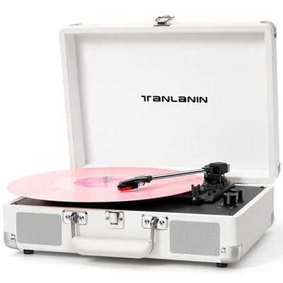 Record Player with Built-in Stereo Speakers 3-Speed Bluetooth Portable Suitcase Vinyl Record Player Treble & Bass Gain Belt Drive Vintage Turntable AUX Line-in/Out, White