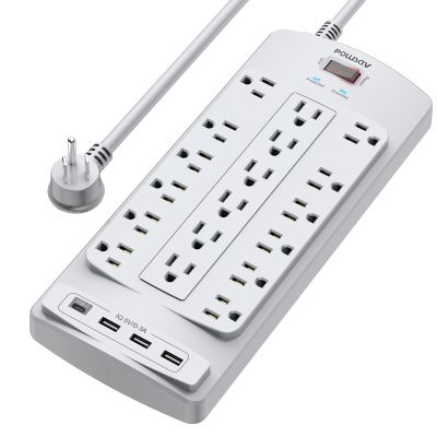 18 Outlets Surge Protector Power Strip - 6 Feet Flat Plug Heavy Duty Extension Cord with 18 Widely Outlets and 4 USB Ports, 2100 Joules, Grey, ETL Listed