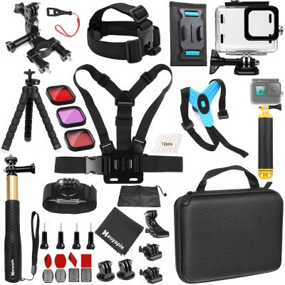 Hauyapie Accessories Kit Pack for Go pro 13 12 11 10 9 Hero Black, Waterproof Housing Case Backpack Shoulder Strap Mount Motorcycle Helmet Chin Mount Bundle for Gopro Hero13 12 11 10 9 Camera(YP01)