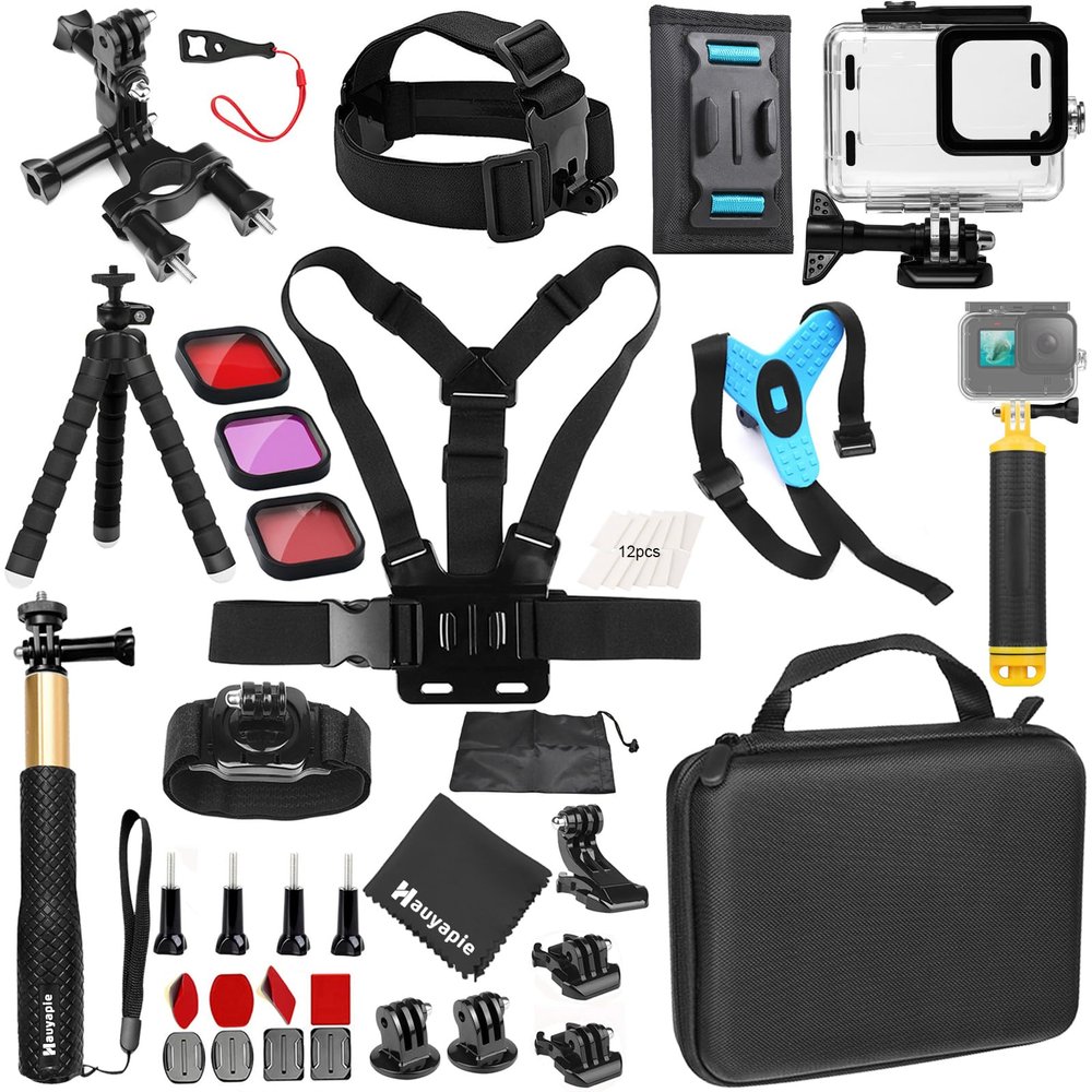 Hauyapie Accessories Kit Pack for Go pro 13 12 11 10 9 Hero Black, Waterproof Housing Case Backpack Shoulder Strap Mount Motorcycle Helmet Chin Mount Bundle for Gopro Hero13 12 11 10 9 Camera(YP01)