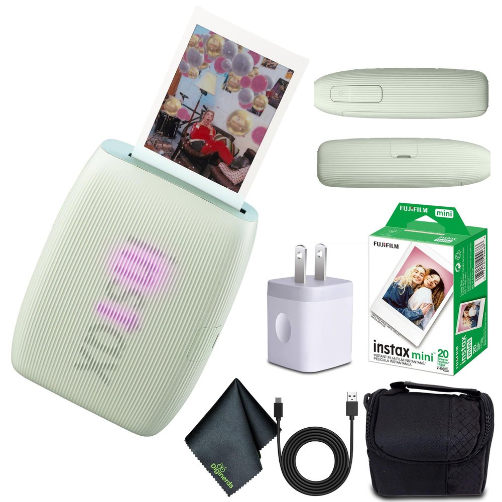 Fujifilm INSTAX MINI Link 3 Smartphone Printer (Sage Green) + Travel Bag Small INSTAX MINI Instant Film (20 Sheets) + USB Power Charging Adapter + Diginerds Microfiber Cleaning Cloth