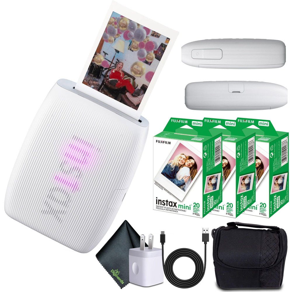 Fujifilm INSTAX MINI Link 3 Smartphone Printer (Clay White) + Travel Bag Small + 3X INSTAX MINI Instant Film (60 Sheets) + USB Power Charging Adapter + Diginerds Microfiber Cleaning Cloth