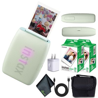 Fujifilm INSTAX MINI Link 3 Smartphone Printer (Sage Green) + Travel Bag Small + 2X INSTAX MINI Instant Film (40 Sheets) + USB Power Charging Adapter + Diginerds Microfiber Cleaning Cloth
