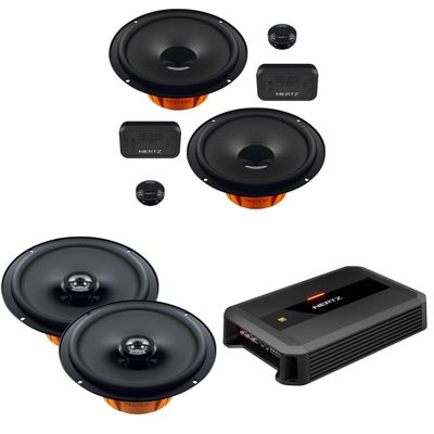 HERTZ DP 4.300 AB-Class 4 Channel Amplifier with 1 Pair of DSK-1653 Component Speaker Kit 6.5" 2-Way and 1 Pair DCX-1653 6.5" Two-Way Coaxial Speakers