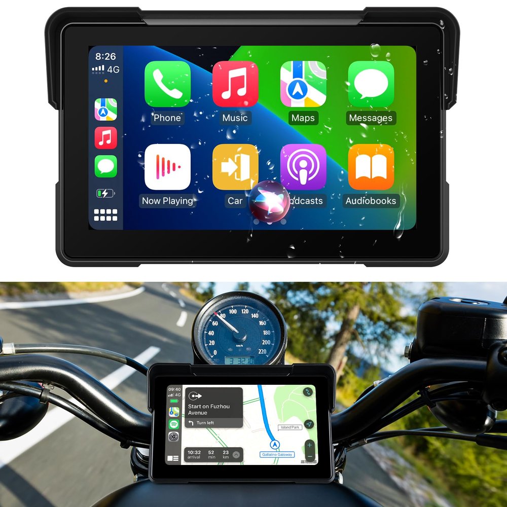 7 Inch Portable CarPlay for Motorcycle, Waterproof Touchscreen Wireless Car Play Android Auto Screen GPS Navigation for Motorbike, Siri Voice Control Dual Bluetooth TF-64G (M570)