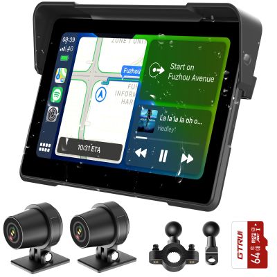 7 Inch Portable CarPlay for Motorcycle, Waterproof Touchscreen Wireless Car Play Android Auto Screen GPS Navigation for Motorbike, Siri Voice Control Dual Bluetooth TF-64G (M570 w/Cameras)