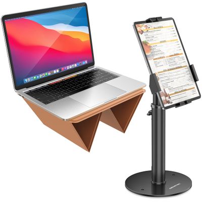 AboveTEK POS Tablet Kiosk Stand Bundle with Ultra-Sleek Portable Laptop Stand, 2-in-1 Foldable MacBook Stand for Desk & iPad Tablet Stand Holder, Fits 14"~17" MacBook
