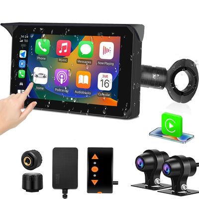 VSYSTO Wireless Carplay Motorcycle Dash Camera with 5" Touchscreen, GPS Navigation, WiFi 1080P SONYIMX307 Front and Rear Camera, Parking Monitoring, Tire Pressure Sensors, Temperature Display(CS5 Pro)