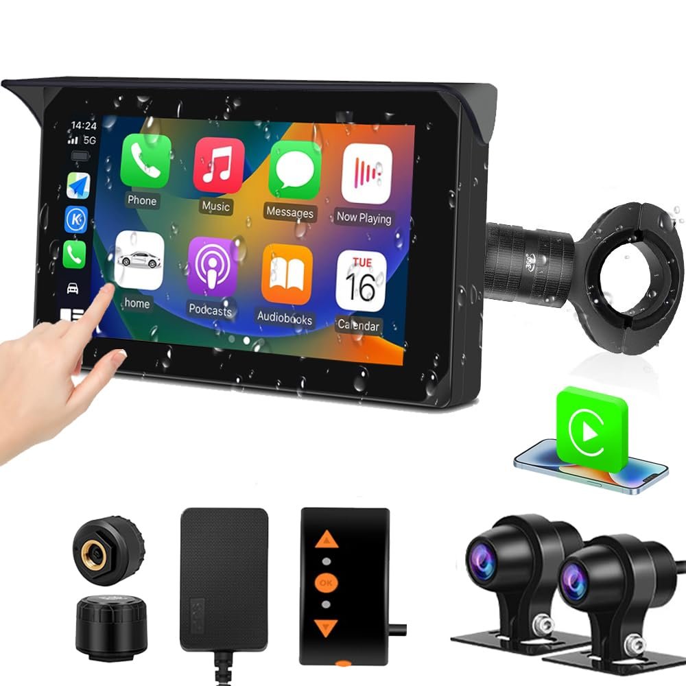 VSYSTO Wireless Carplay Motorcycle Dash Camera with 5" Touchscreen, GPS Navigation, WiFi 1080P SONYIMX307 Front and Rear Camera, Parking Monitoring, Tire Pressure Sensors, Temperature Display(CS5 Pro)