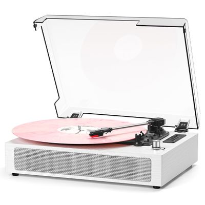Vinyl Records Player Bluetooth with Bulit-in Speaker Vintage Record Player with USB Recording EQ Mode Support Belt-Driven 3-Speed Turntable AUX-in RCA Out, White
