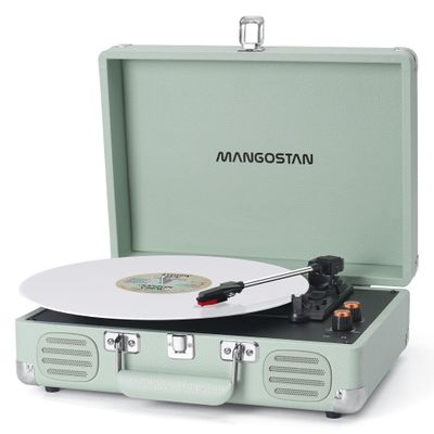 MANGOSTAN Record Player 3 Speed Bluetooth Portable Suitcase, Vinyl Phonograph with Built-in Bass & Speakers, Belt-Driven LP Player Support AUX-in RCA Line Out Headphone Jack, Green