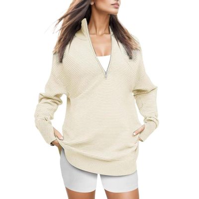 FMCHICO oversized sweatshirt for women Womens 2024 Fall Fashion Quarter Zip Sweatshirts Half Zip Casual Long Sleeve Solid Color V Neck Pullover Tops Beige