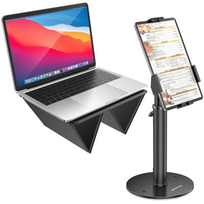 AboveTEK POS Tablet Kiosk Stand Bundle with Ultra-Sleek Portable Laptop Stand, 2-in-1 Foldable MacBook Stand for Desk & iPad Tablet Stand Holder, Fits 14"~17" MacBook