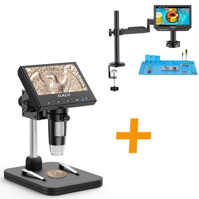 Elikliv Coin Microscope, 4.3'' LCD Digital Microscope 1000x, Coin Magnifier with 8 Adjustable LED Lights, PC View Compatible with Windows/Mac, EDM4B, Black+EM4K-AF Flex