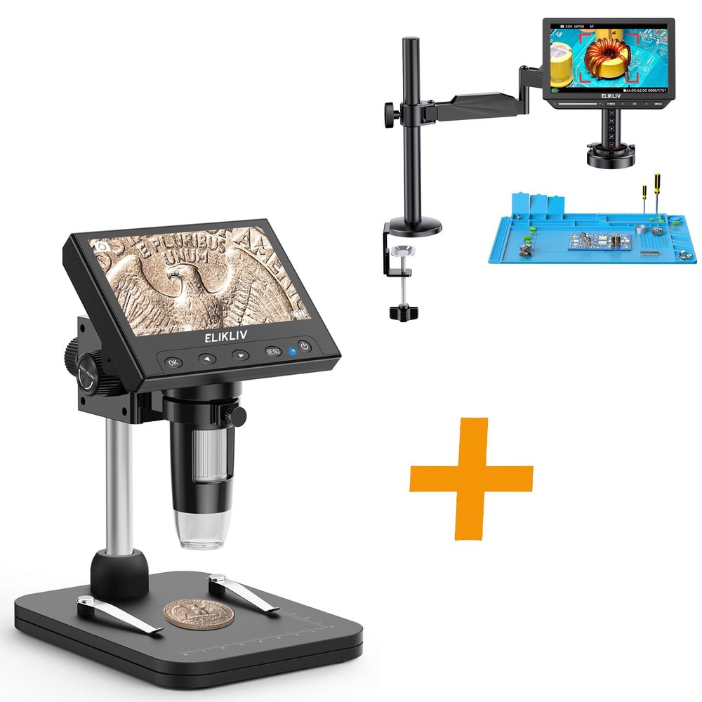 Elikliv Coin Microscope, 4.3'' LCD Digital Microscope 1000x, Coin Magnifier with 8 Adjustable LED Lights, PC View Compatible with Windows/Mac, EDM4B, Black+EM4K-AF Flex