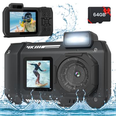 33FT 4K Underwater Camera, 48MP Waterproof Camera with 64G Card Rugged Dustproof Shockproof for Snorkeling, Autofocus Selfie Digital Camera for Diving, Dual-Screen Underwater Photograph Camera (Black)